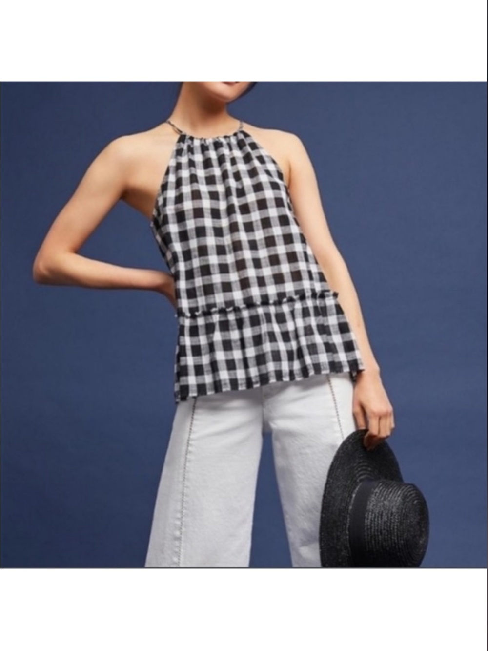 cloth & stone Black and White Gingham Halter Peplum Top
